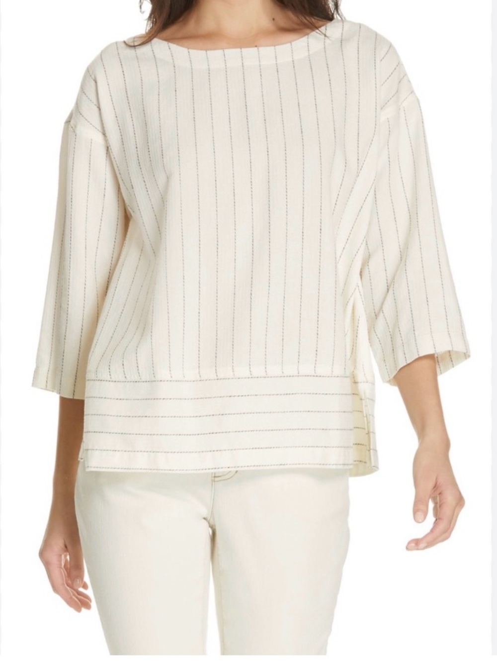 Eileen Fisher Cream Striped Boatneck Top